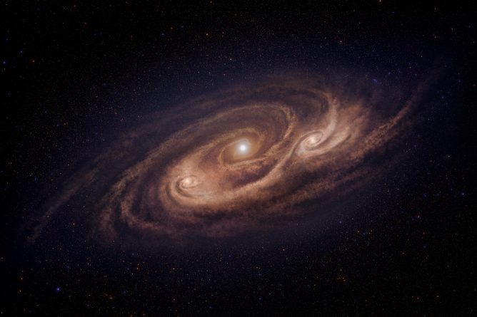 Ilustrasi galaksi starburst COSMOS-AzTEC-1. Kredit: NAOJ