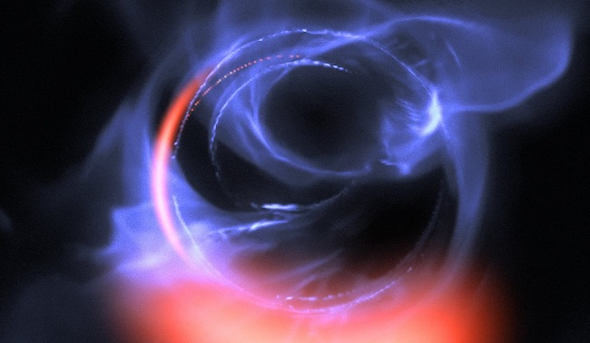 Simulasi gerak materi di sekeliling lubang hitam. Kredit: ESO/Gravity Consortium/L. Calçada
