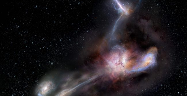 Galaksi masif sedang menarik materi galaksi lebih kecil. Kredit: NRAO/AUI/NSF, S. Dagnello